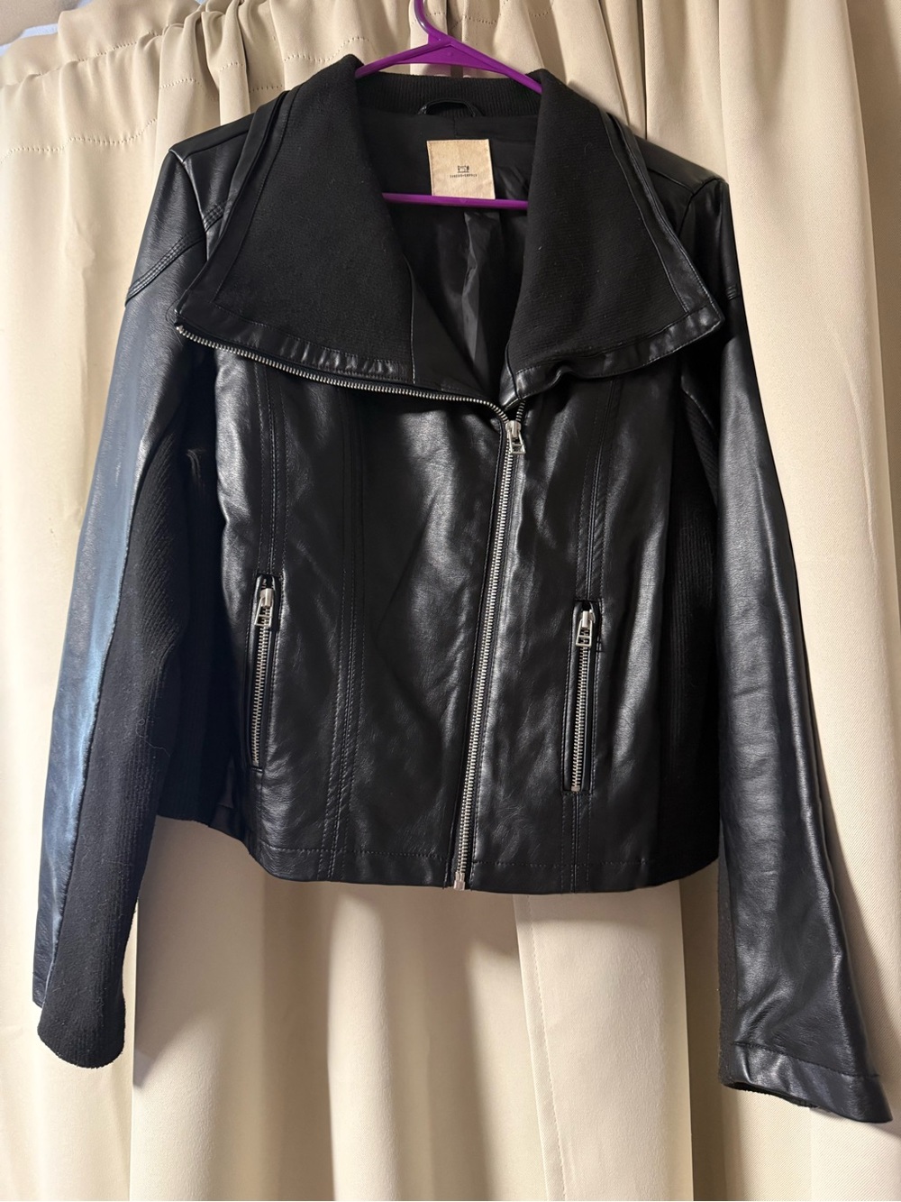 Thread & Supply Black Leather Asymmetric Zip Jacket